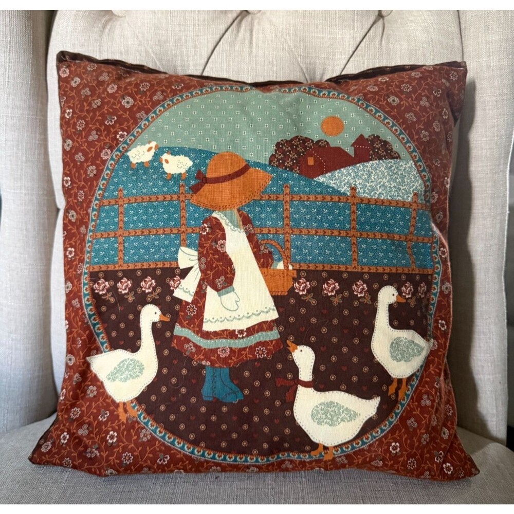 Country Farmgirl Appliqué Throw Pillow in Rust and Teal